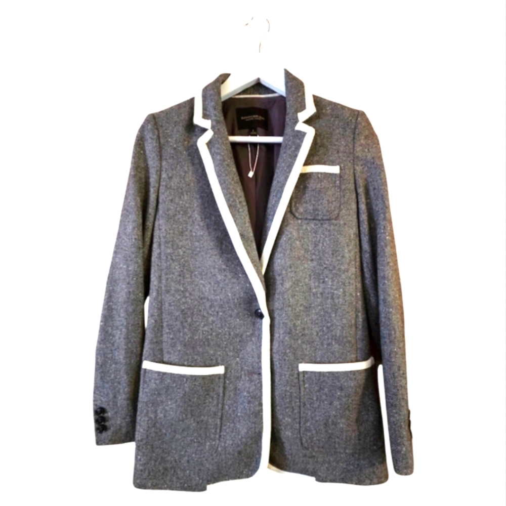 Banana Republic Gray Tweed Blazer Piped Trim